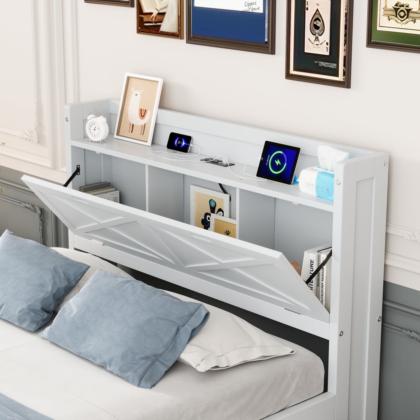 Full Size Wooden Bed With Storage Headboard Outlets, Extendable Twin