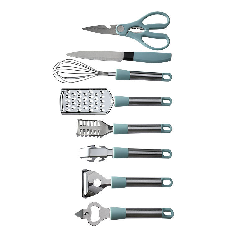 Stainless Steel Kitchen Utensil Set with Scissors Peeler Egg Beater & Tray - Multiple Colors