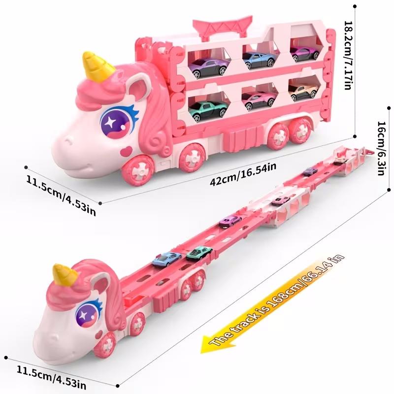 Pink Transforming Truck Toy with Expandable Racetrack and Car Storage Set for Kids