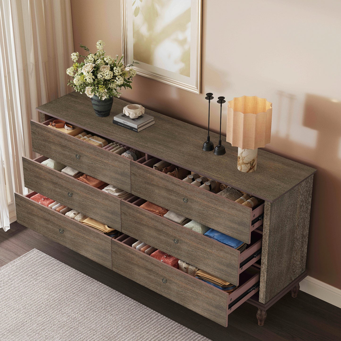 6-Drawer Double Wide Wood Dresser - Deep Rustic Brown