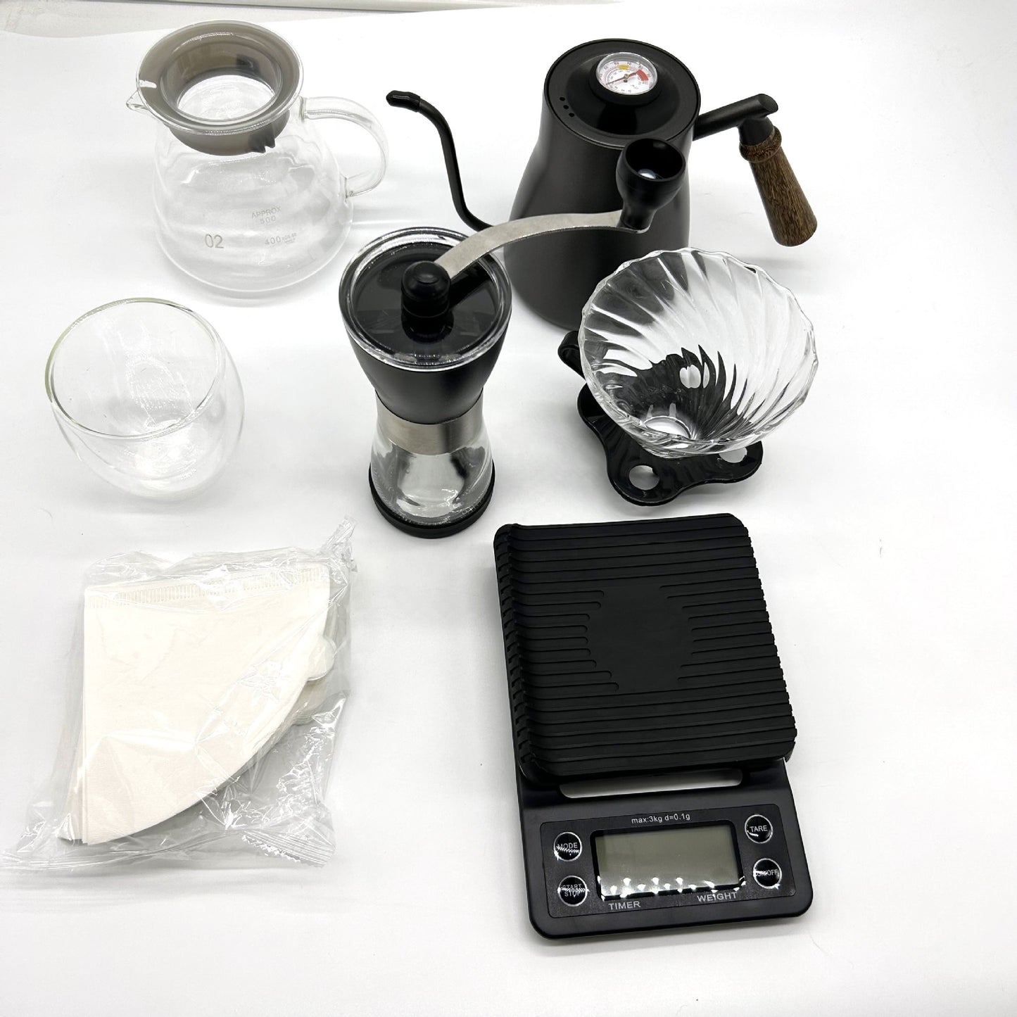 Manual Coffee Grinder with Double Layer Glass Cup and Electronic Scale - Black