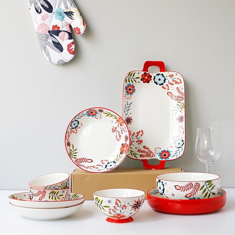 Porcelain Floral Style Dinnerware Set - American Tableware with Assorted Plates and Bowls