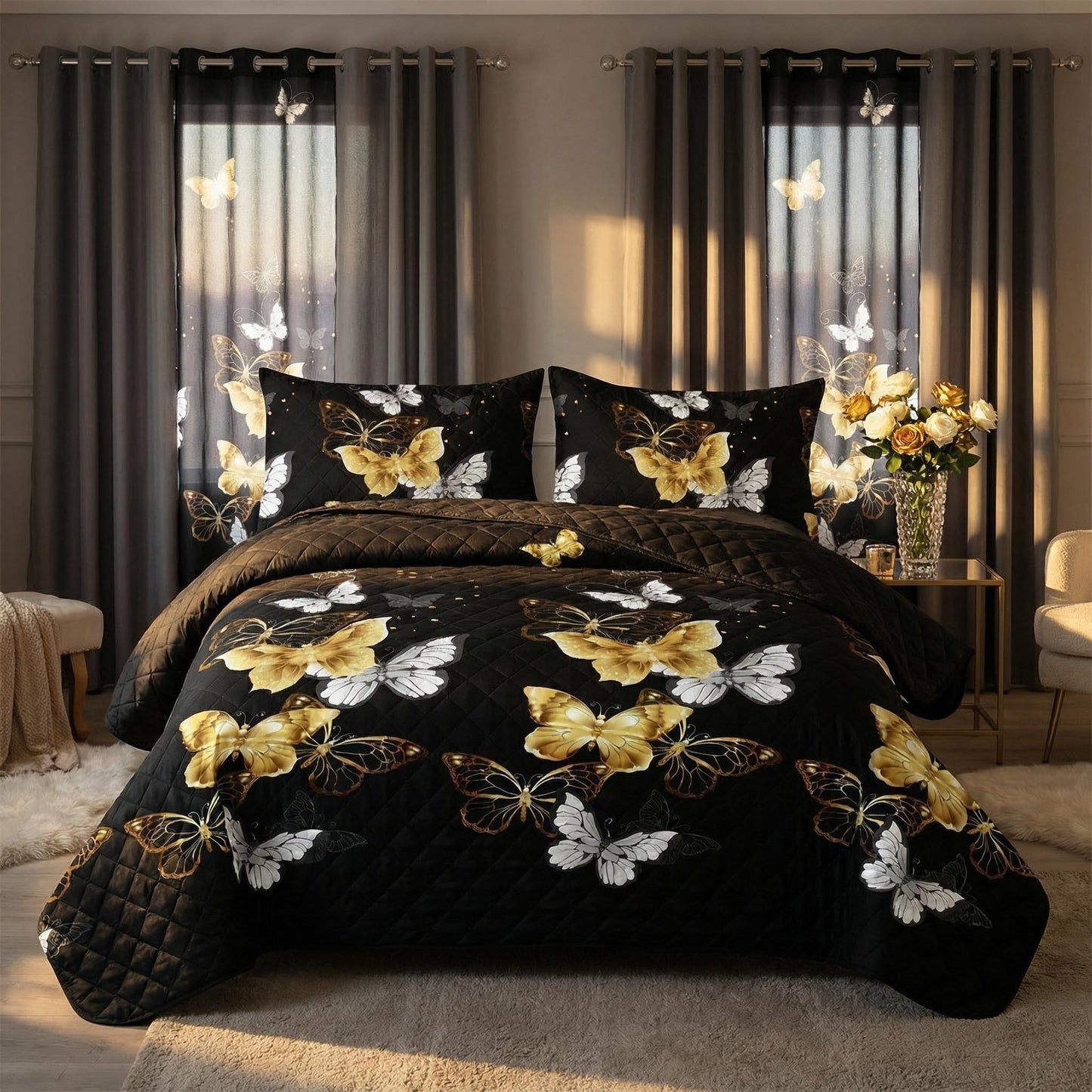 9-Piece Black & Gold Butterfly Quilt and Curtain Set