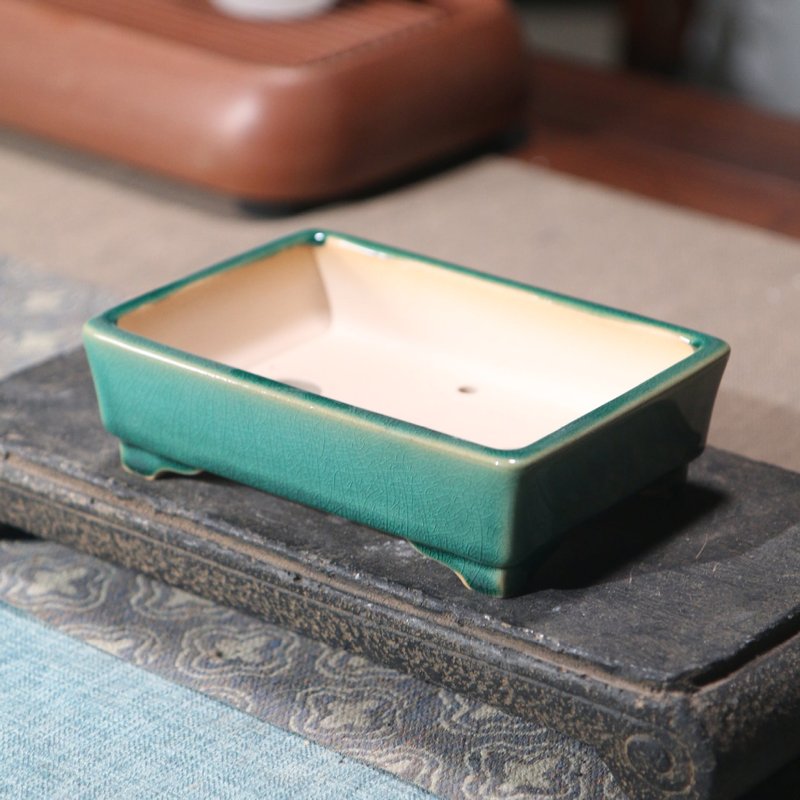Ceramic Flowerpot with Rectangular Design - Green, White, Blue - 13.6x9.7cm