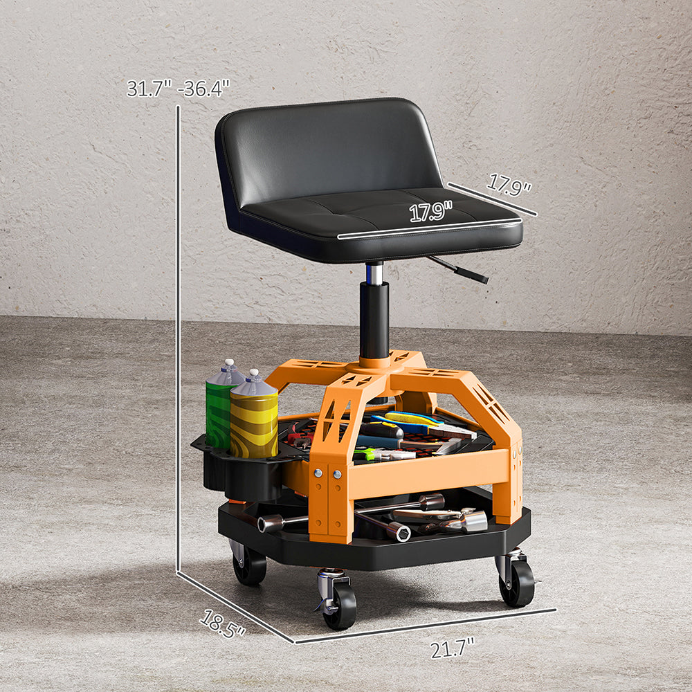 Adjustable Height Rolling Garage Stool with Tool Tray - 300 LBS Capacity, Blue
