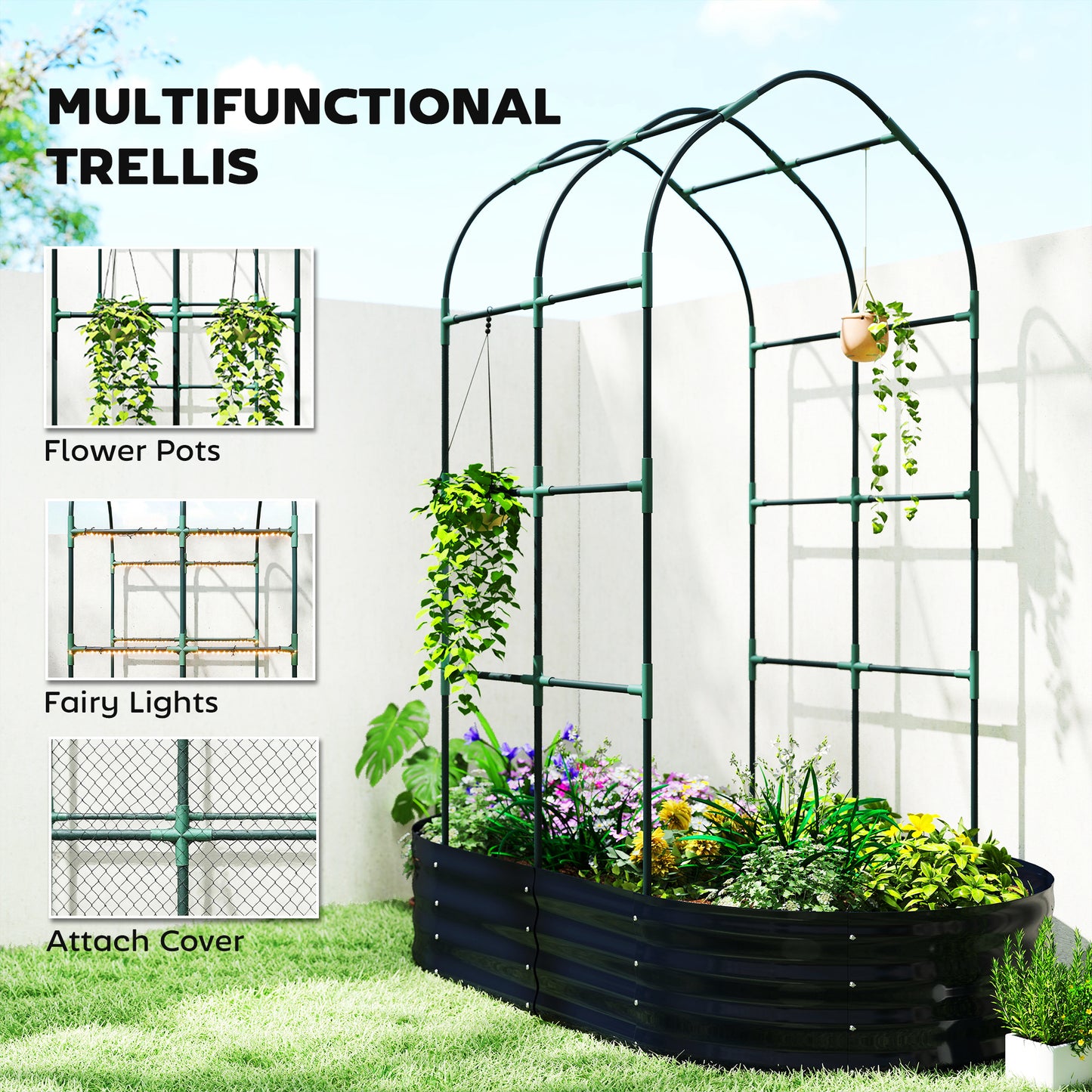 Galvanised Raised Garden Bed with Arched Trellis - Outdoor Metal Planter Box 5x3x6ft