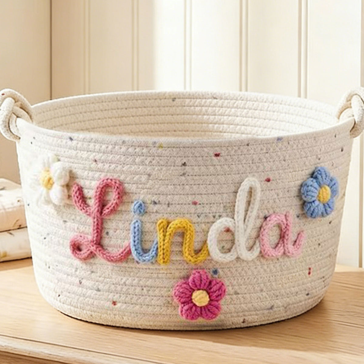 Letter Embroidery Style Cotton Rope Storage Basket - Home Organization