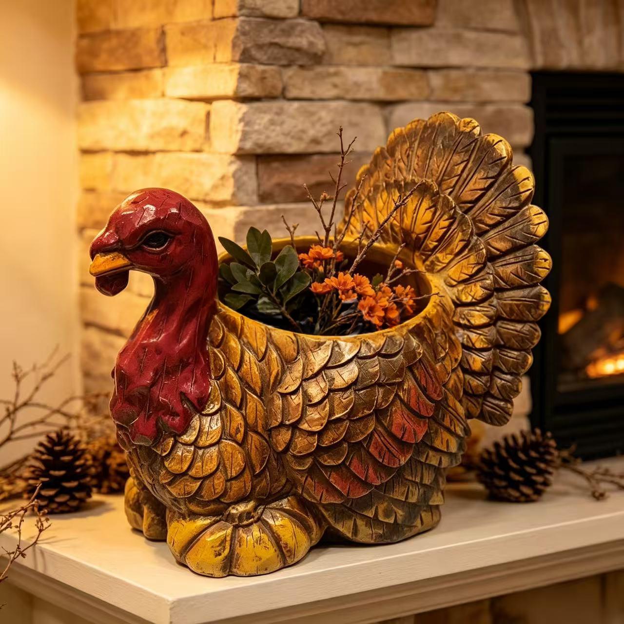 Resin Turkey Flower Pot for Outdoor Garden Decor - Handmade Halloween & Thanksgiving