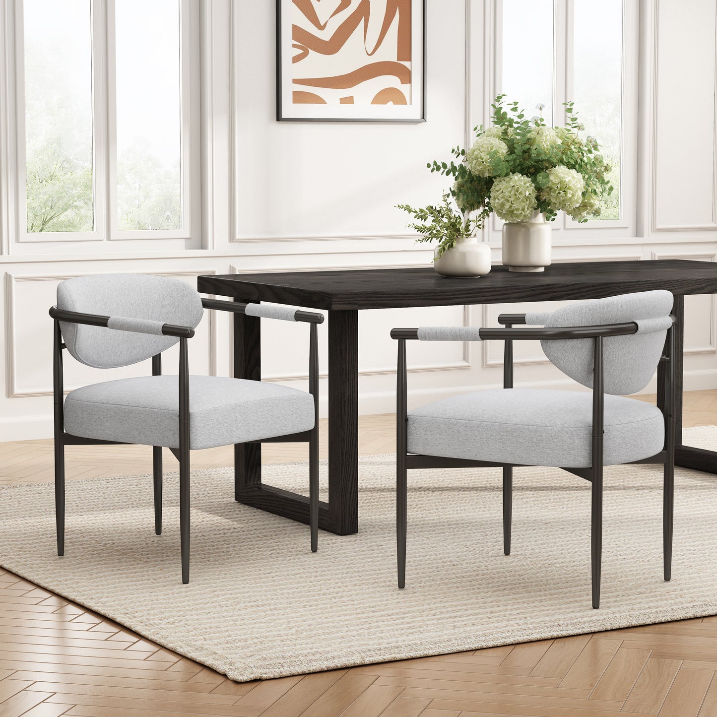 Modern Upholstered Dining Chairs Set of 2 with Bronze Frame - Beige