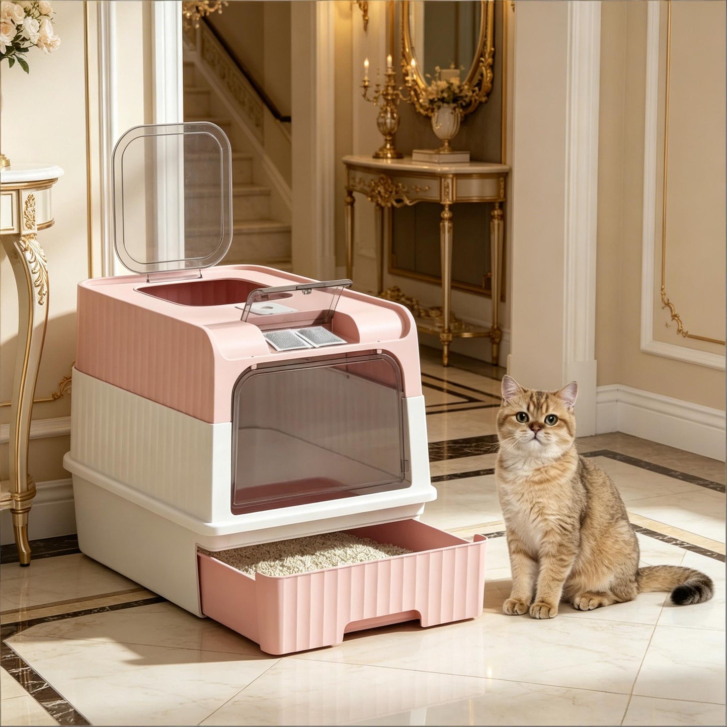 Compact Fully Enclosed Cat Litter Box - Pink & White