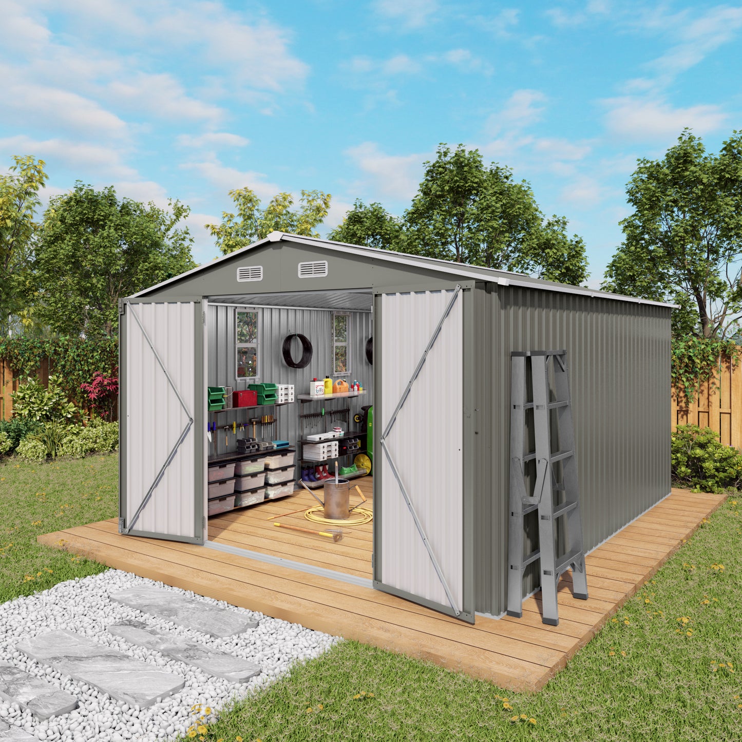 10x12FT Outdoor Storage Shed Large Metal Garden With Double Door And
