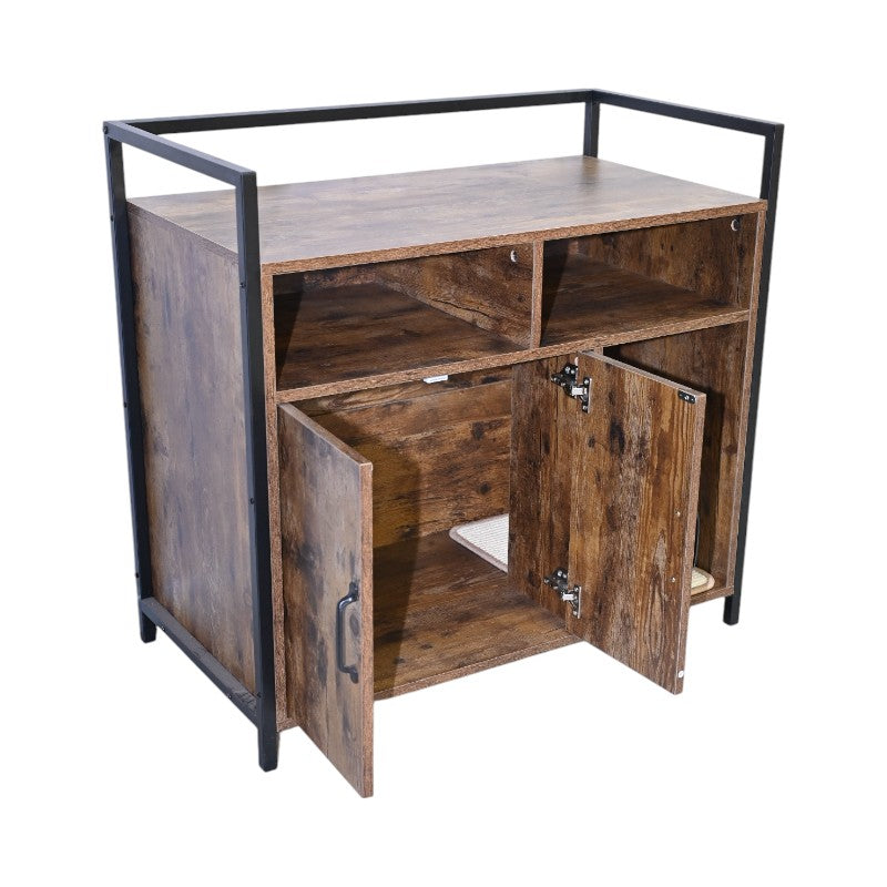 Rustic Brown Wooden Cat Litter Box Enclosure with Scratching Mat - Spacious Pet Furniture