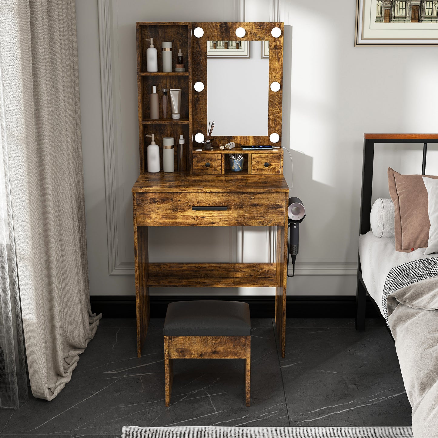Vanity Table With Mirror & Adjustable LED Lights, Power Outlet,