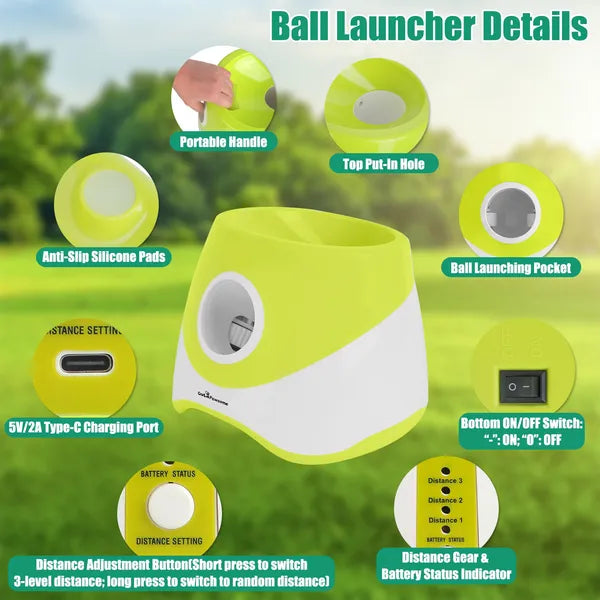Rechargeable Dog Ball Launcher with 3 Adjustable Distances - Interactive Fetch Toy for Small & Medium Dogs - 6 Pcs 2.3in Balls