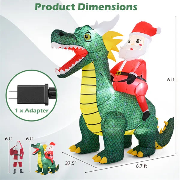 6.7ft Inflatable Santa Riding Dinosaur with LED Lights - Outdoor Christmas Decor