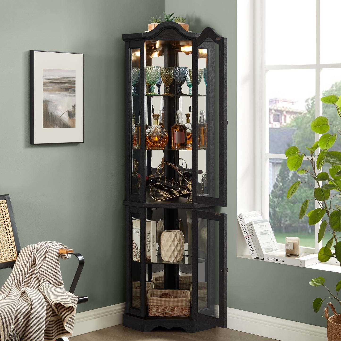 Lighted Corner Curio Cabinet With Tempered Glass Doors & Shelves -