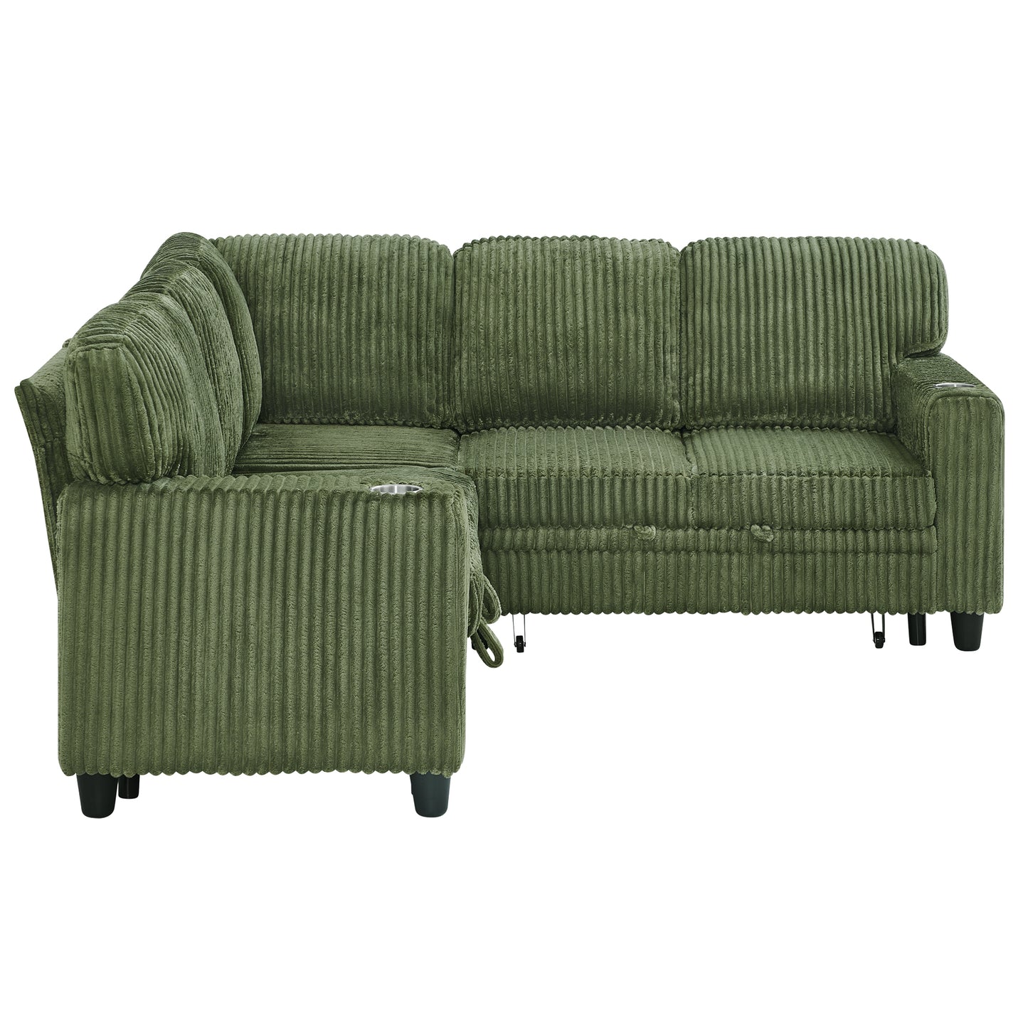 L-Shaped Sectional Sofa Bed with USB Charging & Storage - Olive Green