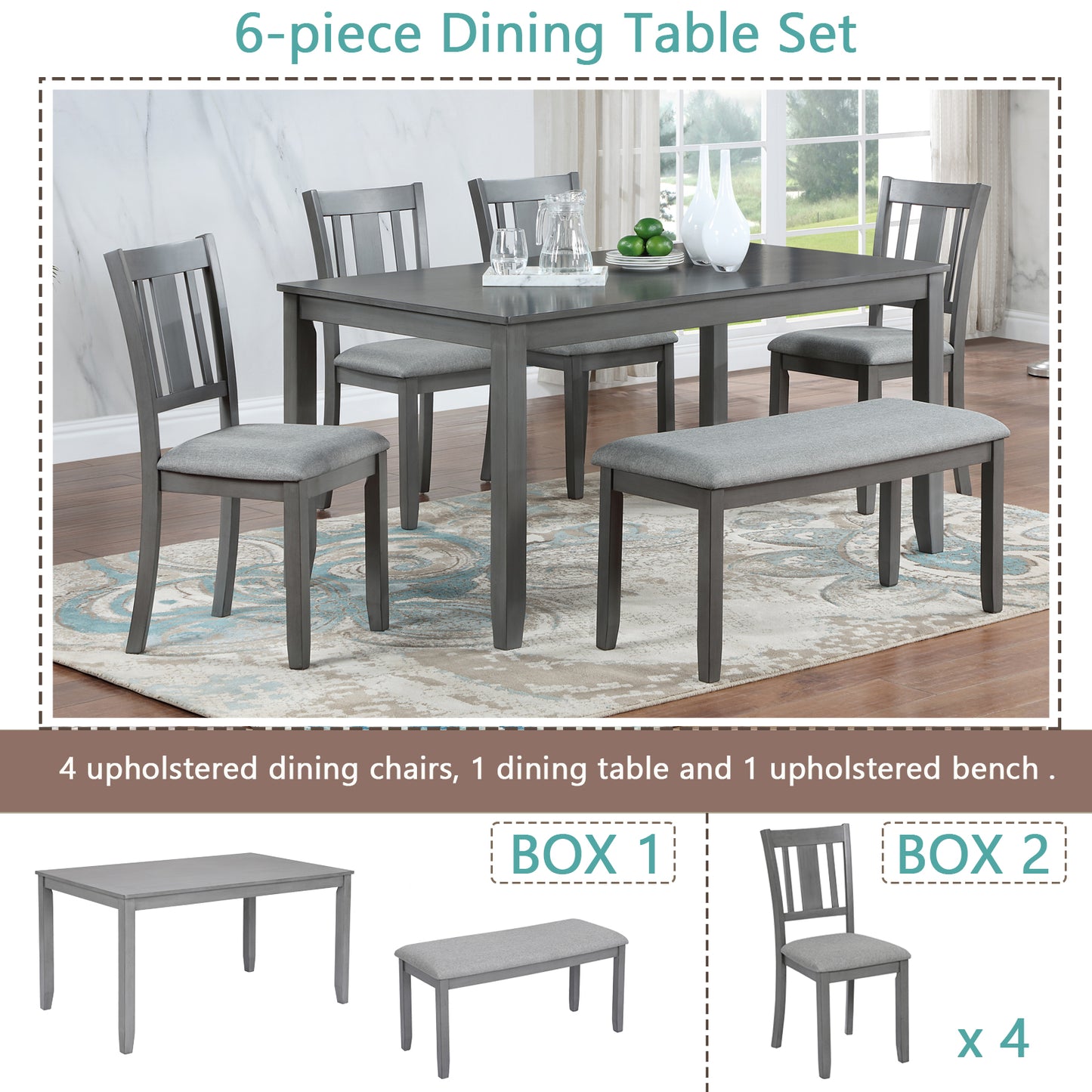 6-Piece Rectangular Wooden Dining Set with Upholstered Chairs & Bench - Gray