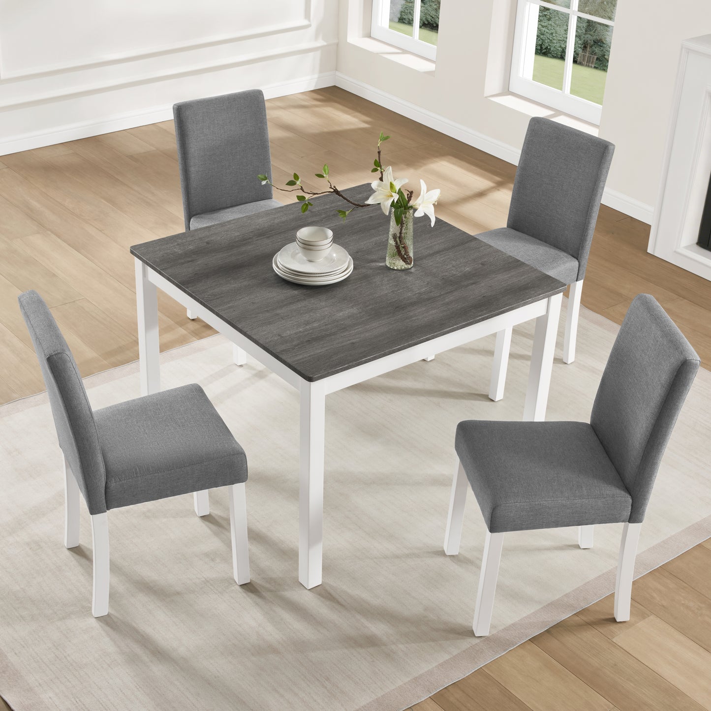 5-Piece Wooden Dining Table Set with 4 Chairs - Grey & White
