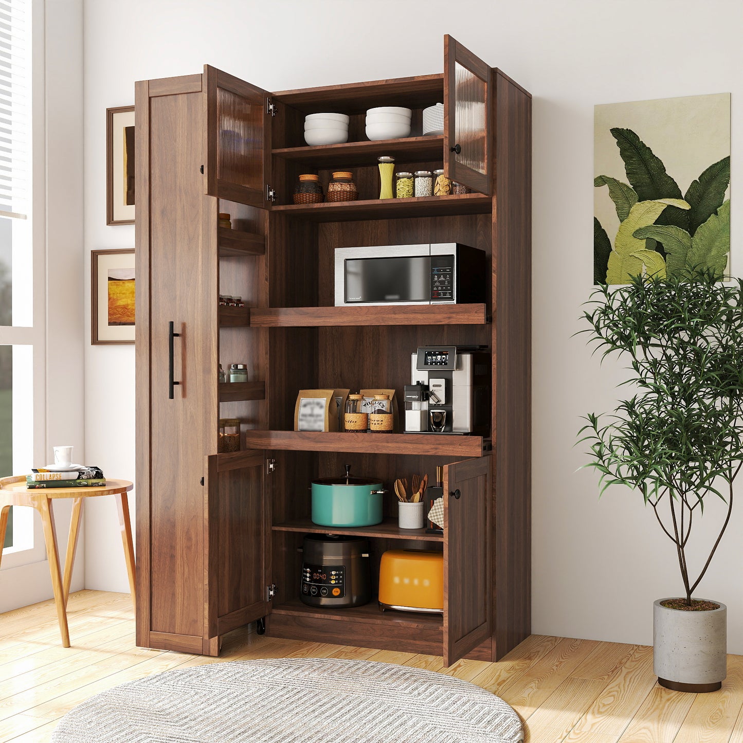 Farmhouse Kitchen Pantry Cabinet with Pull-Out Storage Shelf - Walnut