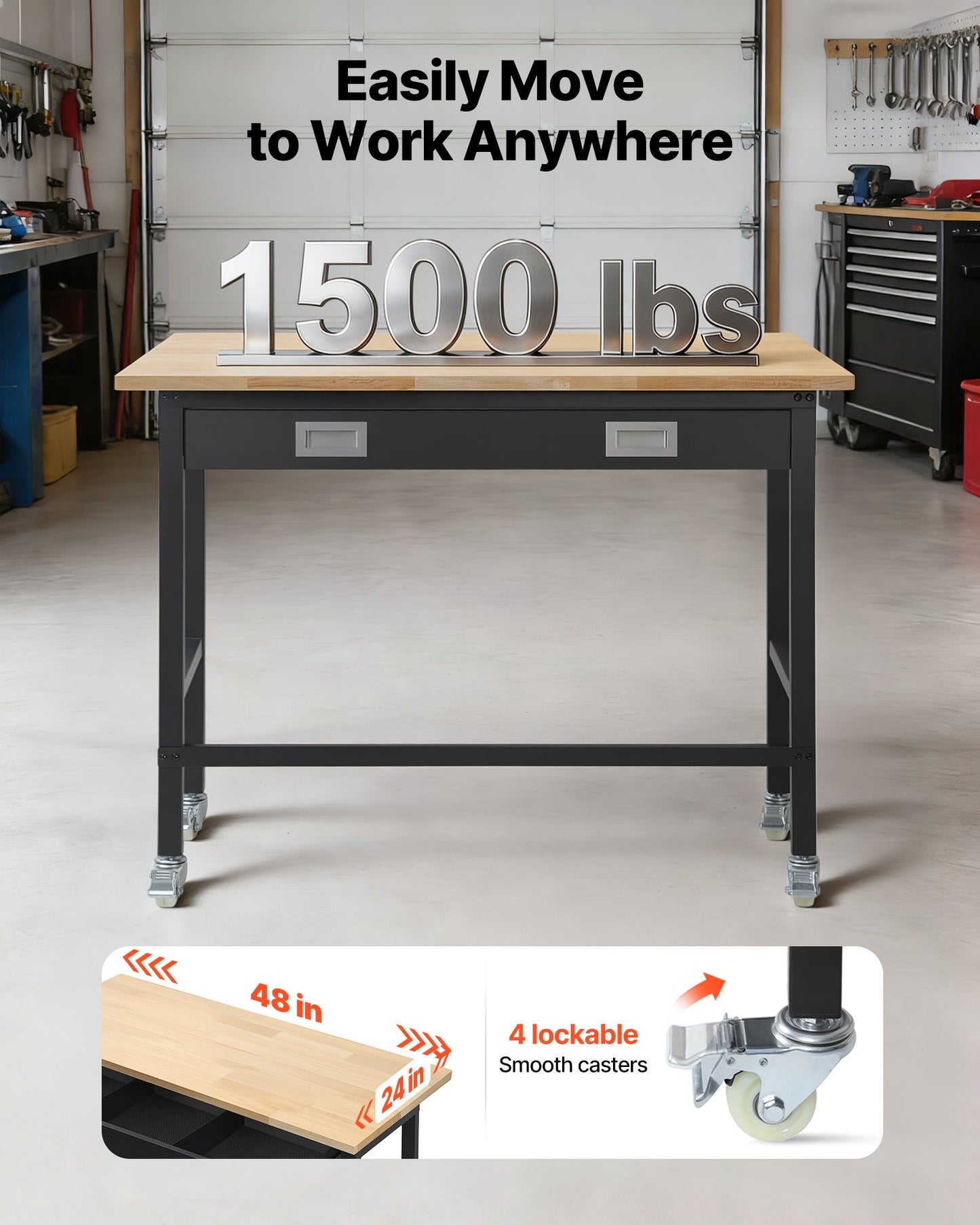 Heavy Duty 48-inch Workbench with Drawer Storage and Wheels - Black