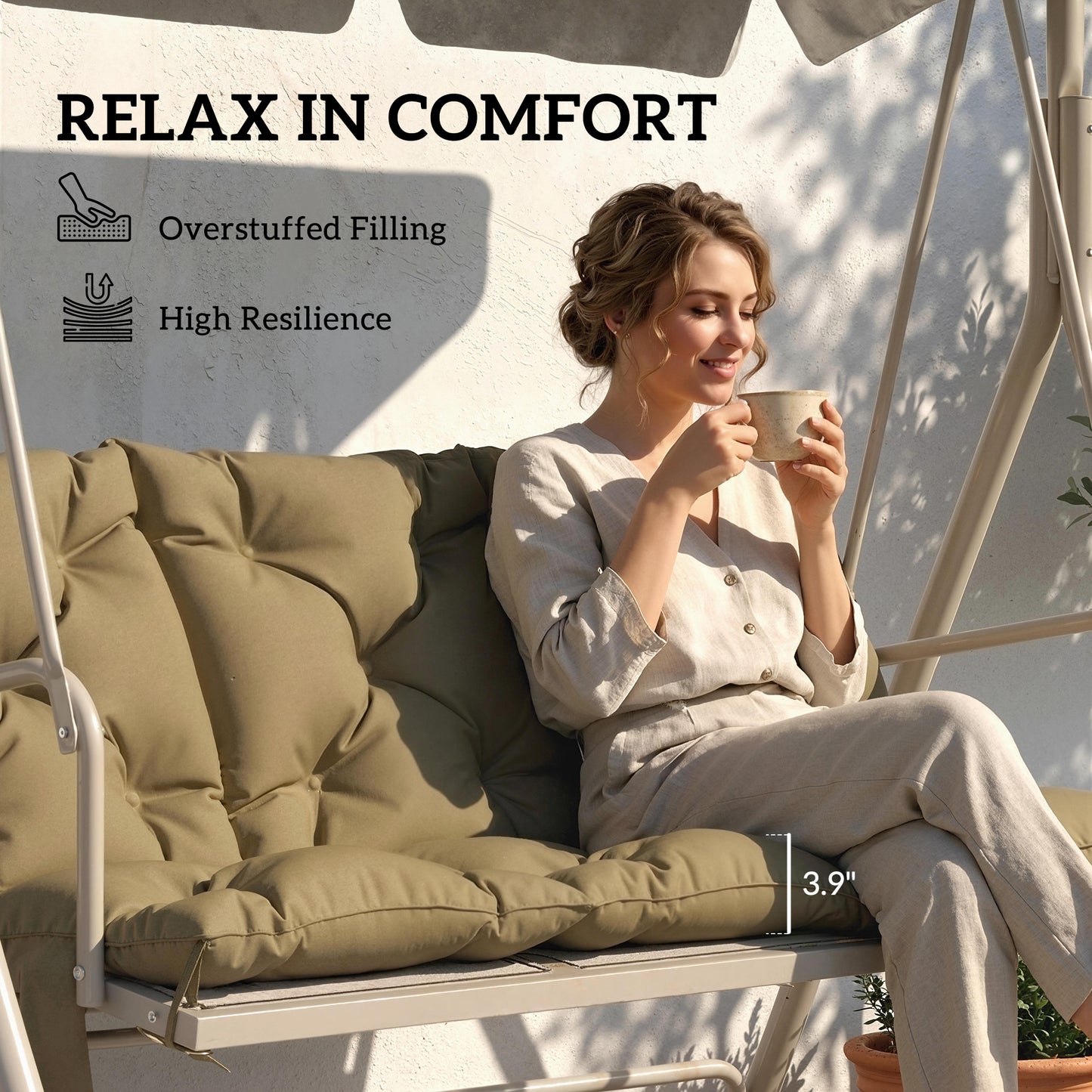 Outdoor Bench Cushion with Backrest & Side Pocket - Beige