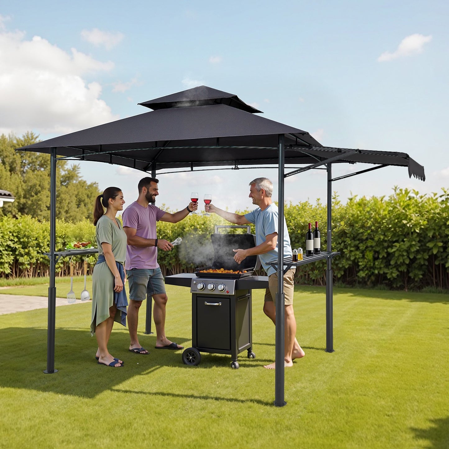 8x5 ft Reinforced BBQ Grill Gazebo Canopy with Double-Tiered Roof & Side Awnings