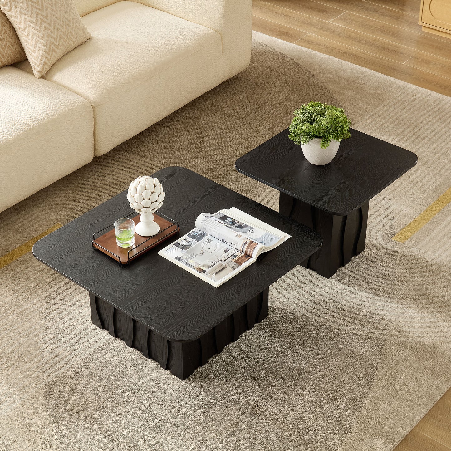 Nesting Square Coffee Table Set - Black, Mid-Century Design