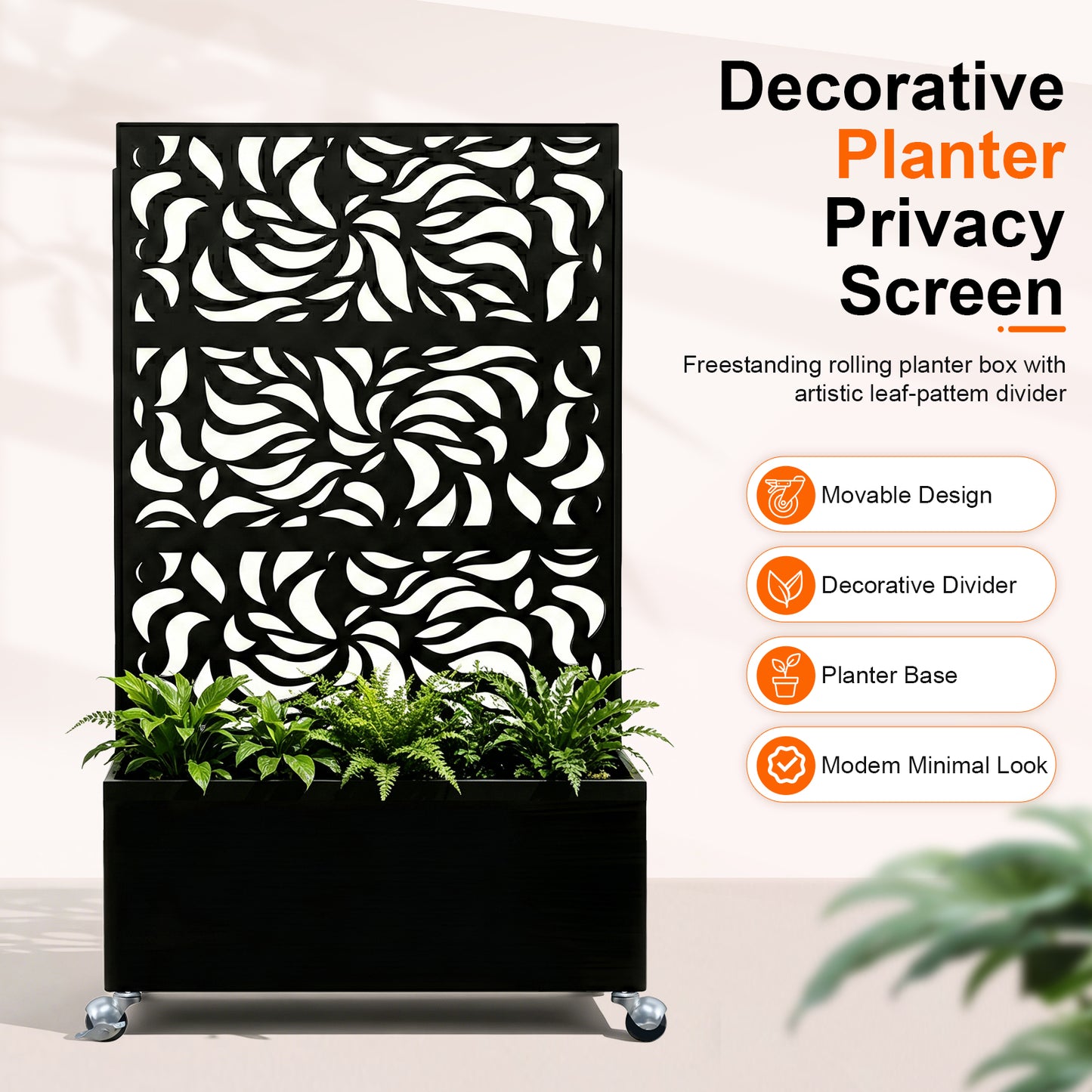 Leaf Pattern Privacy Screen with Planter Box - Black Metal