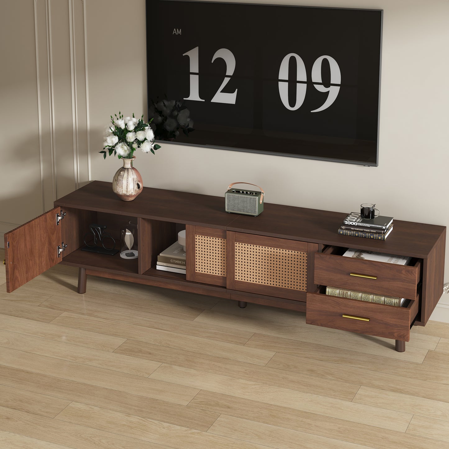 Mid Century Modern TV Stand for 80" TVs - Dark Brown Storage Center