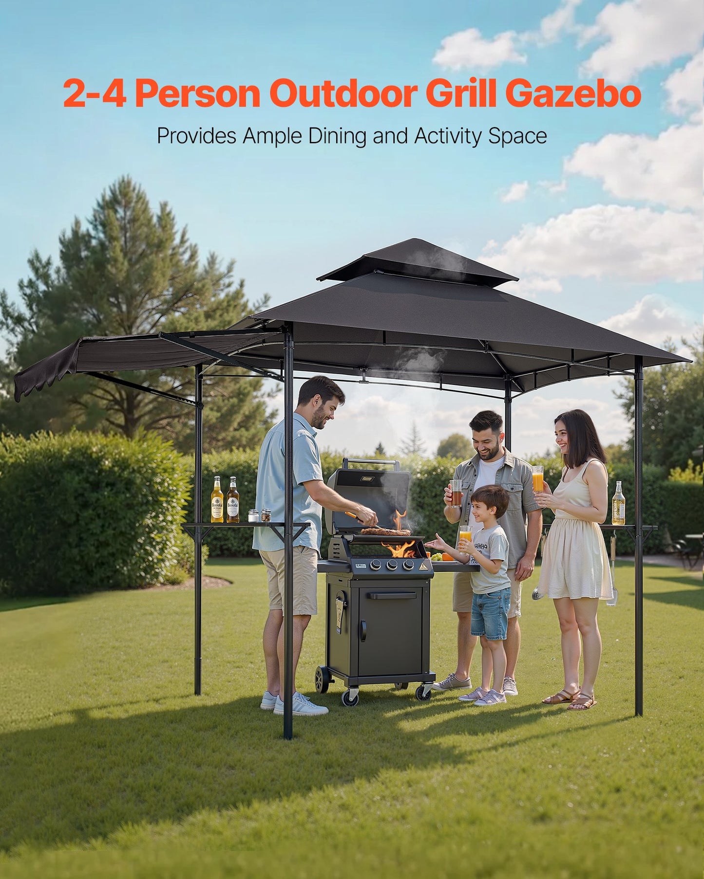 8x5 ft BBQ Gazebo Canopy Shelter with Double-Tiered Roof & Side Awnings