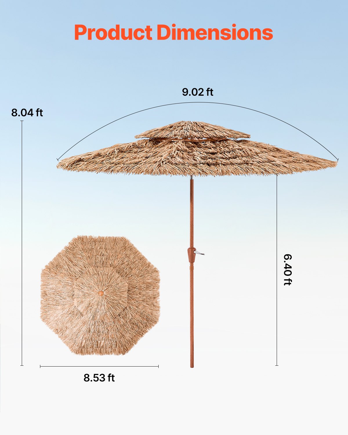 9 Ft Tiki Umbrella Thatched Patio Shade with Tilt - Natural