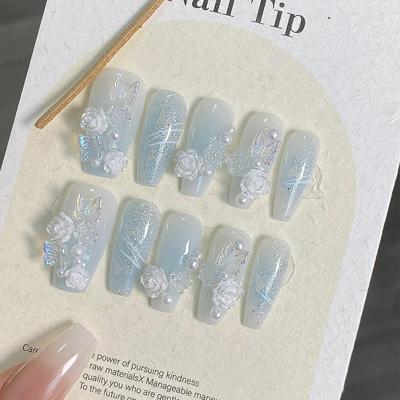 Handmade Wearable Nail Art Kit with Icy Camellia Design & Gradient Colors