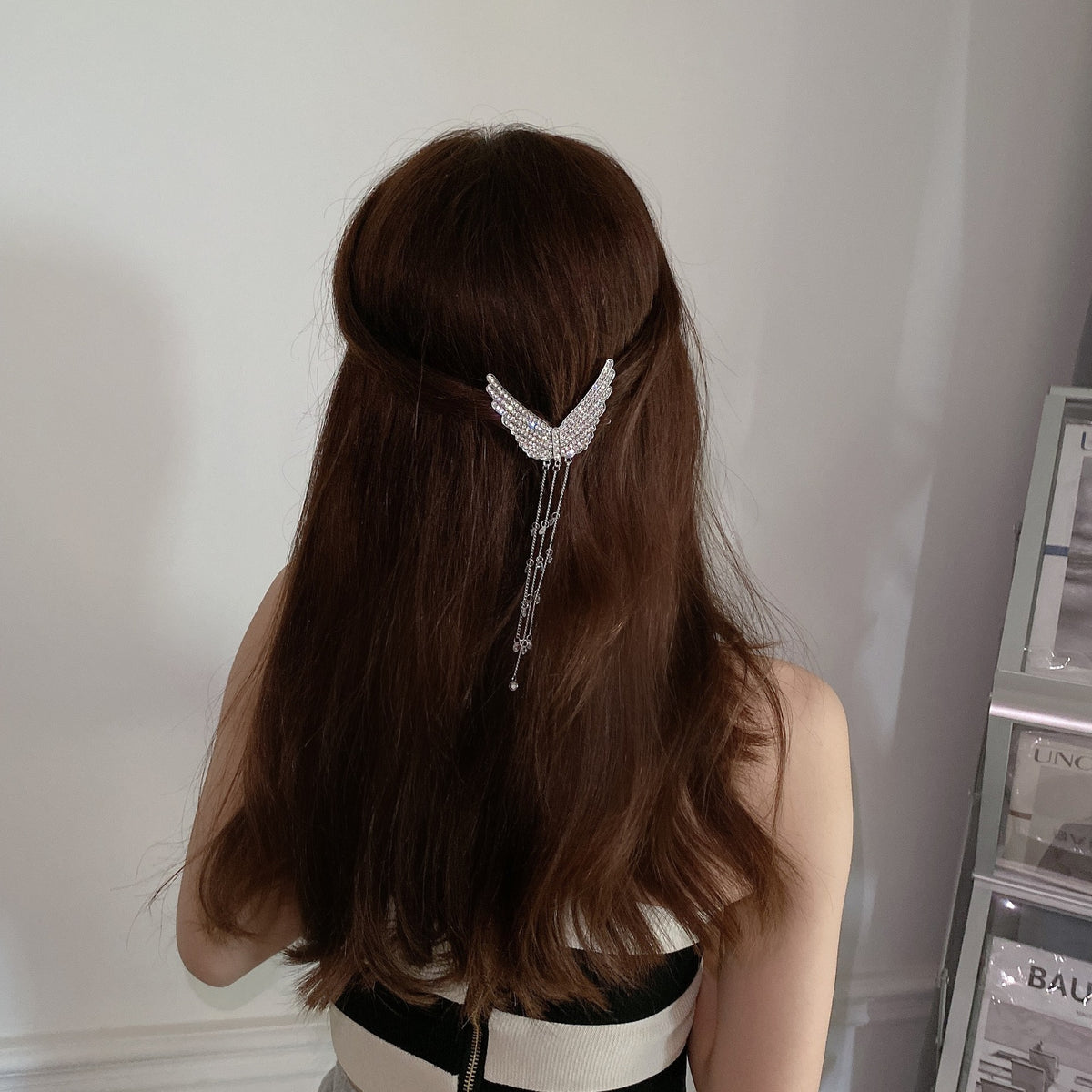 Rhinestone Wings Hairpin with Tassel - Silver