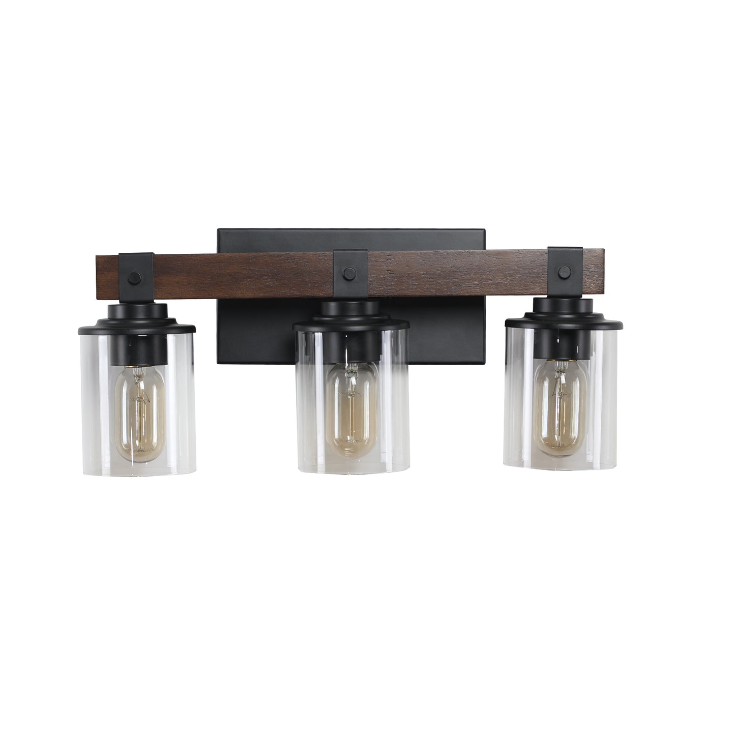 Rustic 3-Light Vanity Light Fixture with Glass Shades and Wood Accent