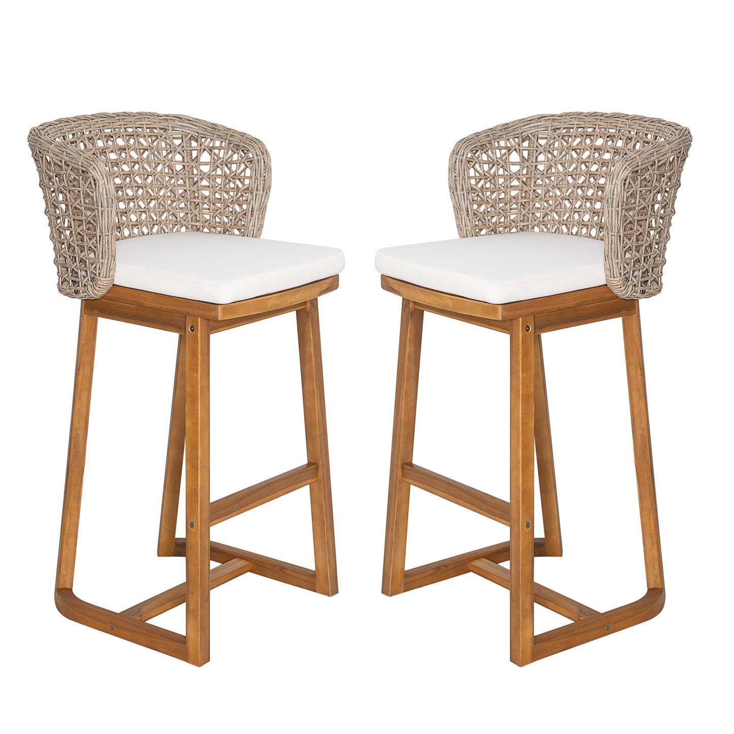 Outdoor Acacia Wood Bar Stools Set of 2 with Beige Cushion