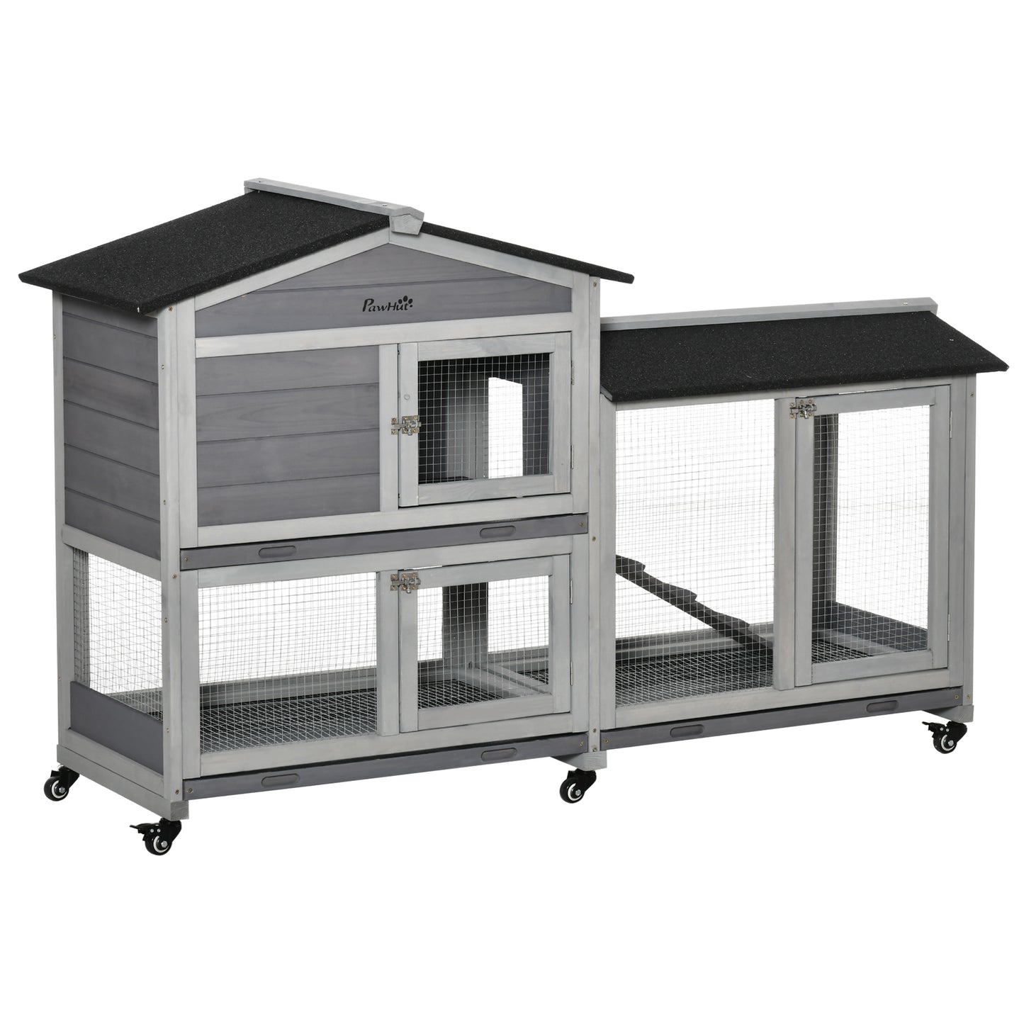 Wooden Rabbit Hutch with Wheels and Run Box - 62 Inches, Light Grey