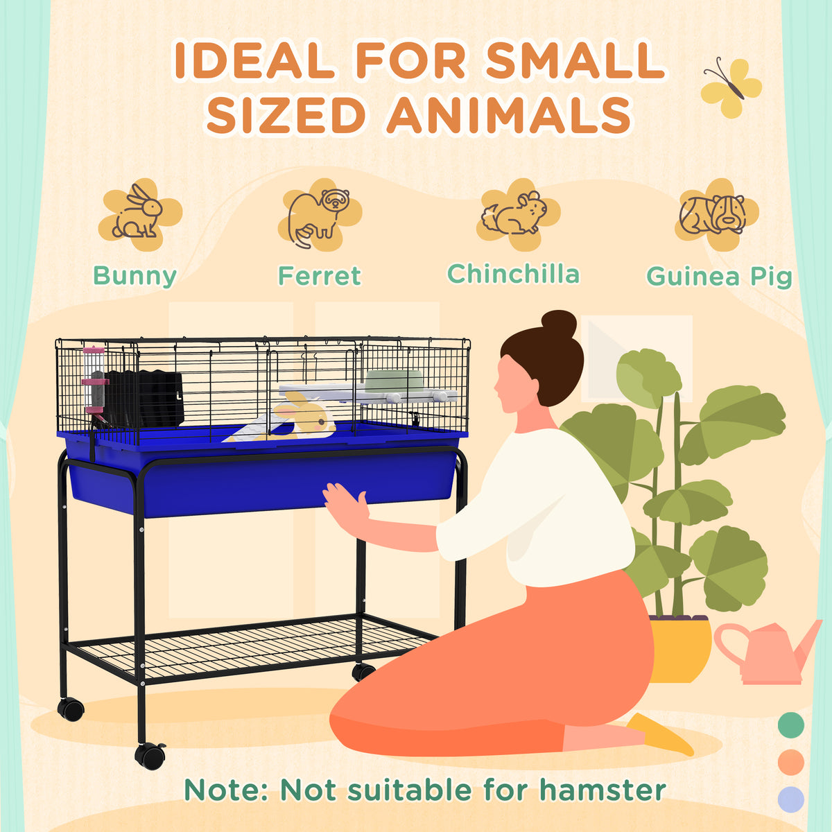 Small Animal Cage with Removable Stand & Wheels - 33 x 18.5 x 35 inch Blue Pet Habitat