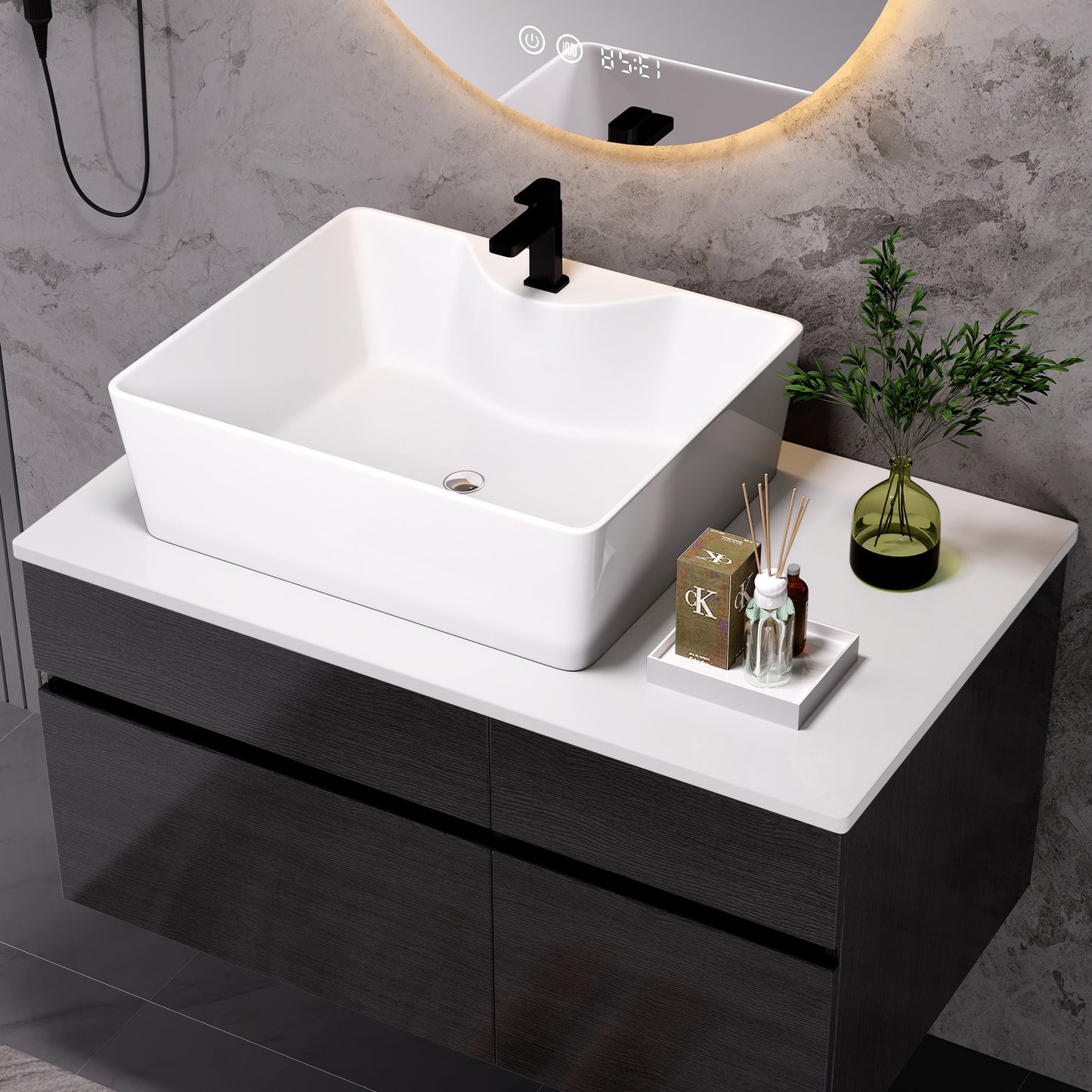 Floating Bathroom Vanity with Sink - 31.5 Inches, Black/White