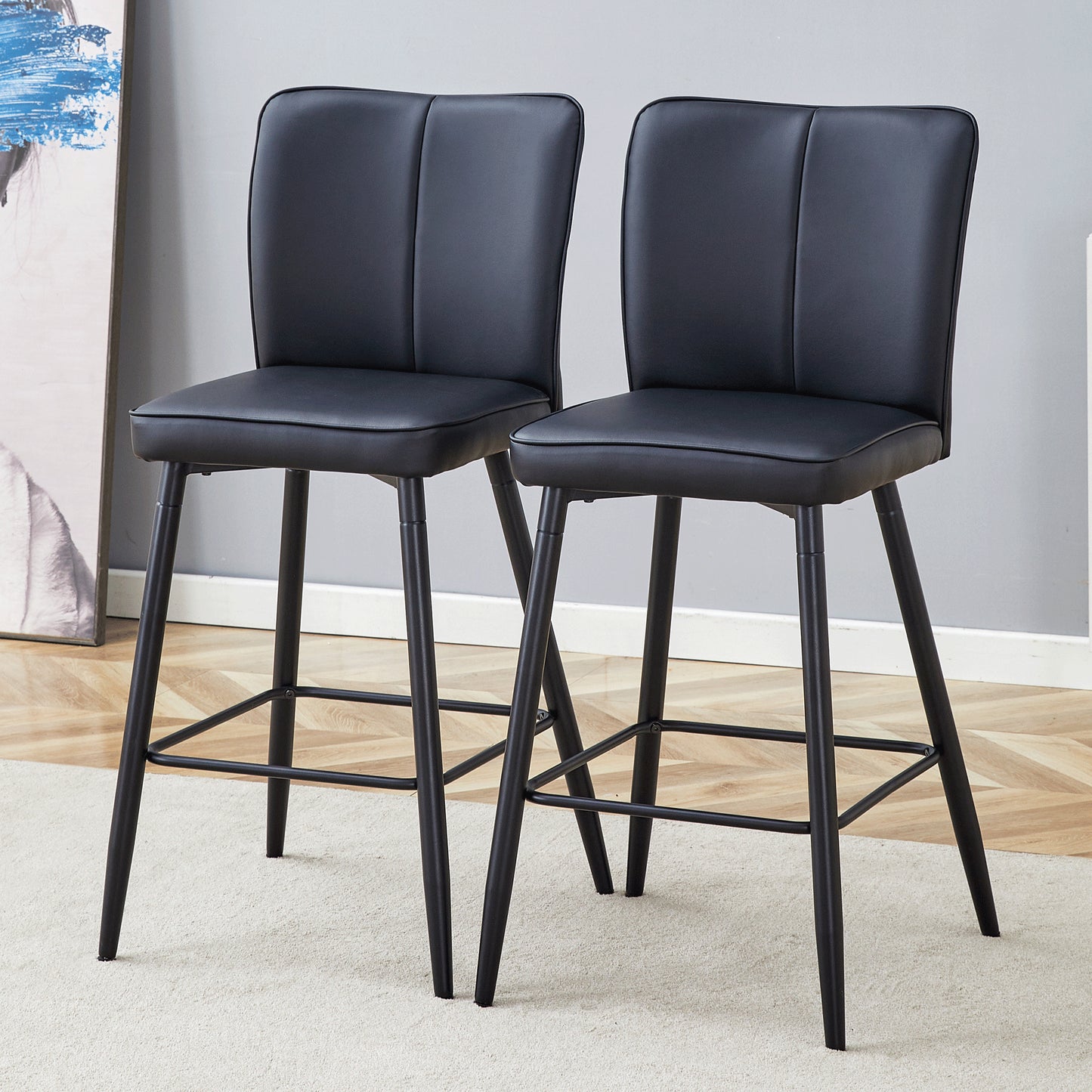 Modern Black PU Bar Chair Set - Two Pieces, The Backrest Has A