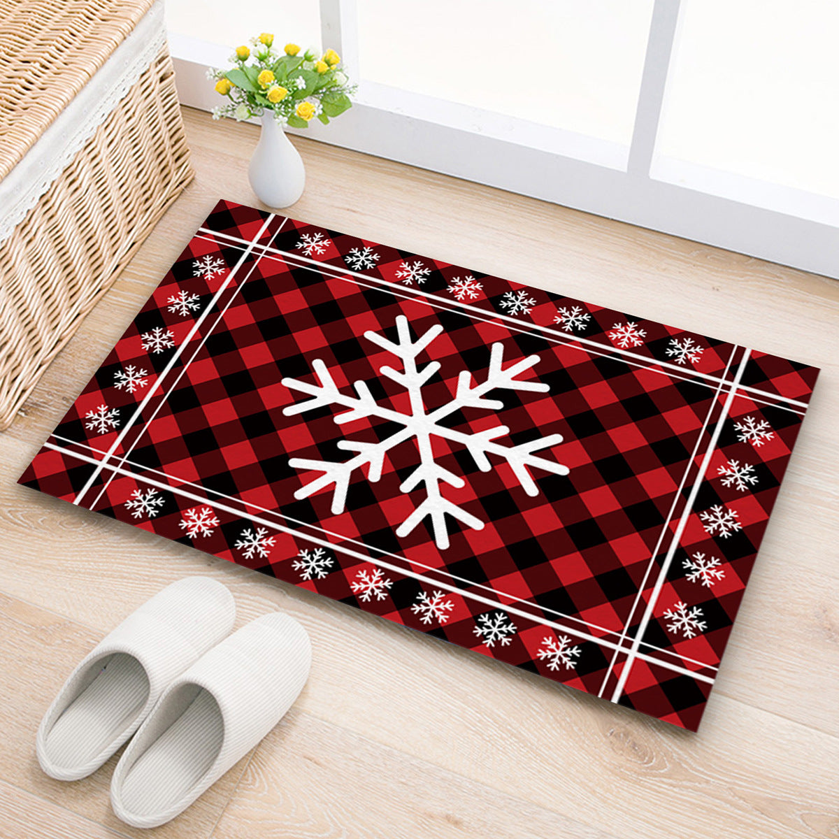 Christmas Non-slip Door Mat Black Red Plaid Decorative Carpet