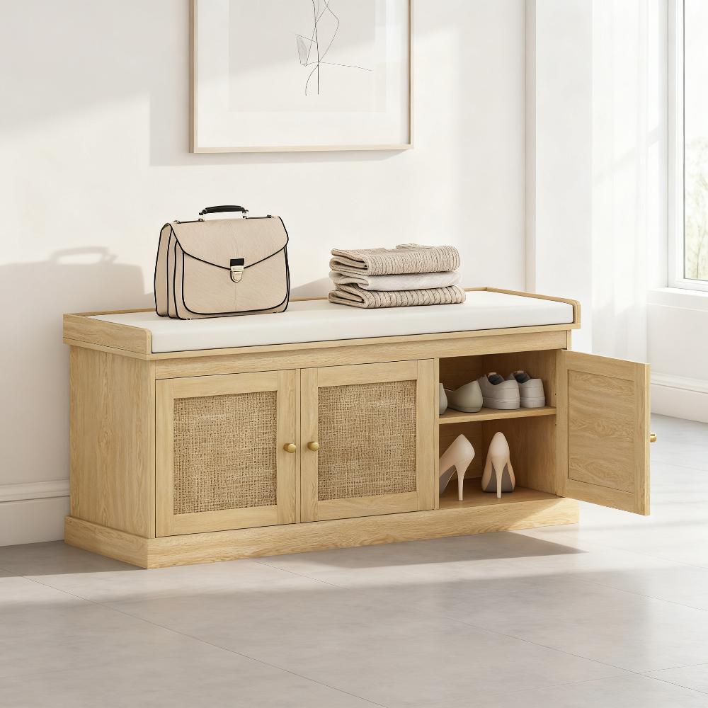 Shoe Storage Bench with Woven Rattan Doors - Cream White Oak