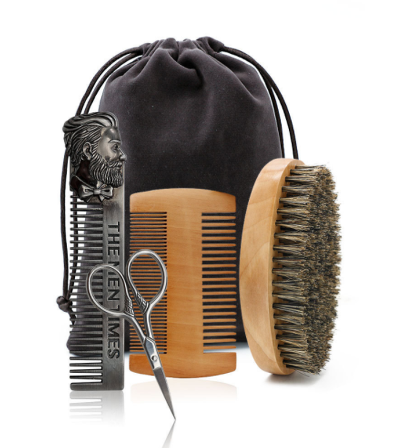 Men's Beard Care Kit with Scissors, Brushes & Combs - 4Pc