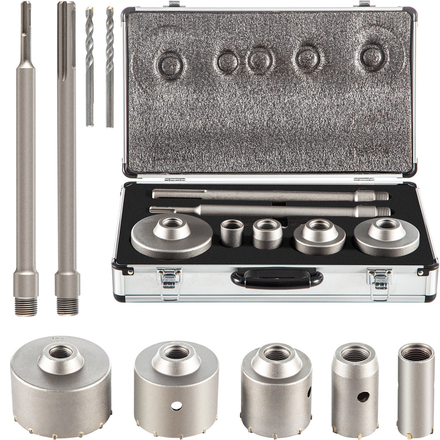 Concrete Hole Saw Kit with SDS Plus & SDS Max Shanks - 10PCS Wall Drilling Set in Silver