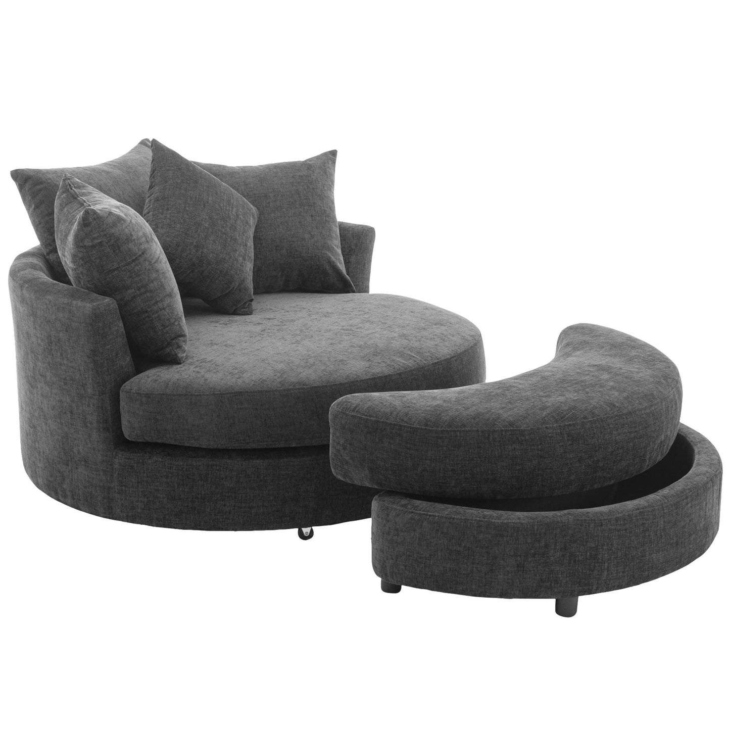 360° Swivel Accent Barrel Chair with Storage Ottoman & 4 Pillows - Gray