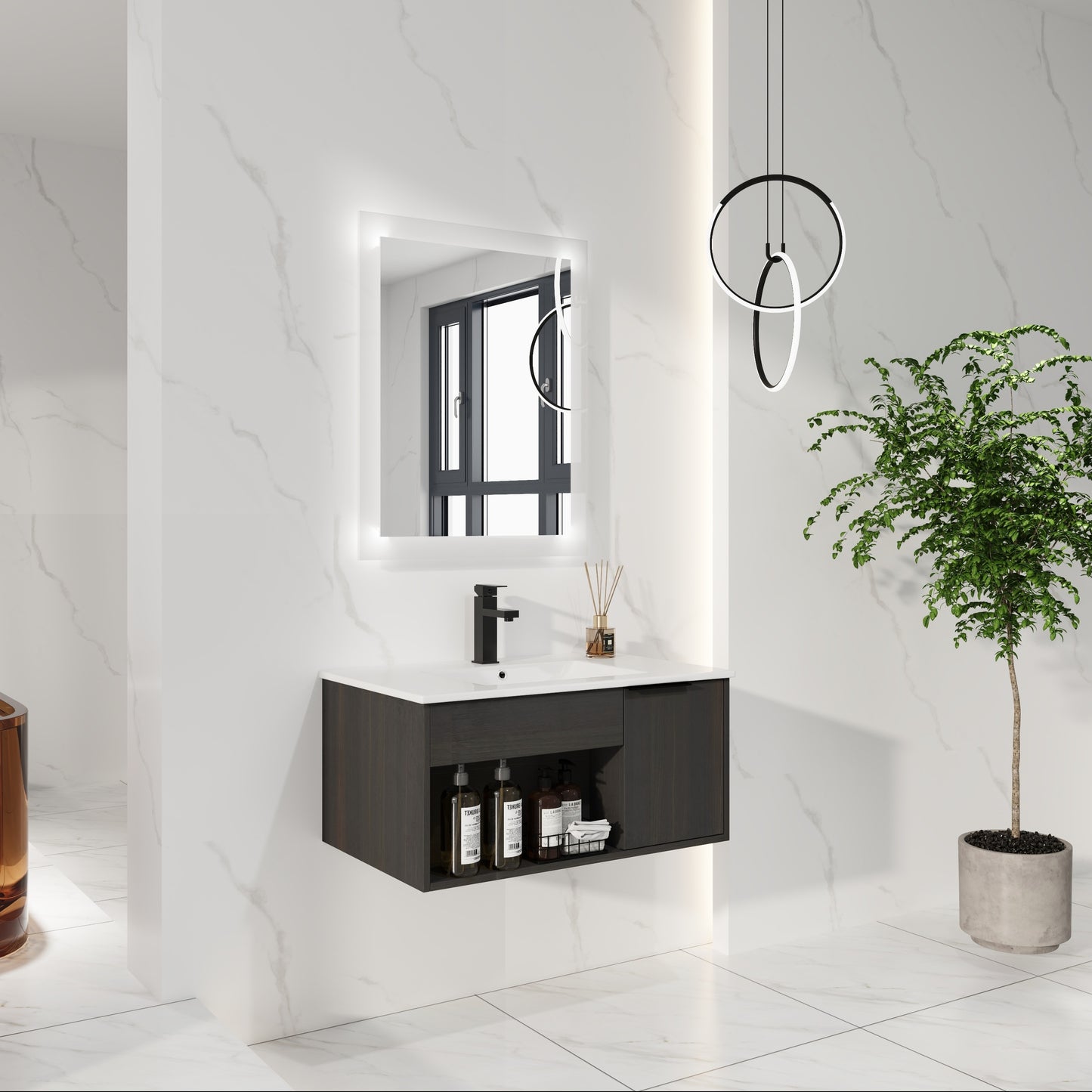 30-Inch Wall-Mounted Bathroom Vanity with Ceramic Sink - Dark Oak