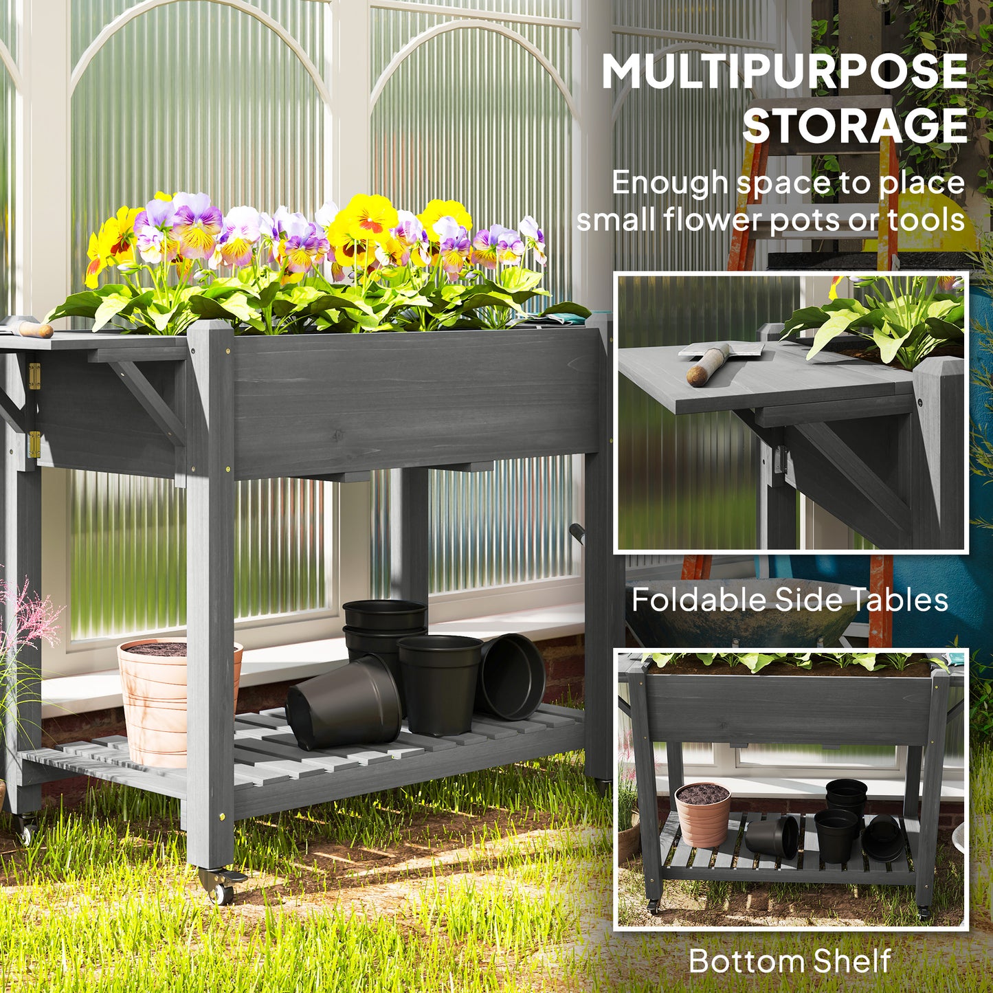 Wood Raised Garden Bed with Lockable Wheels and Storage - Gray