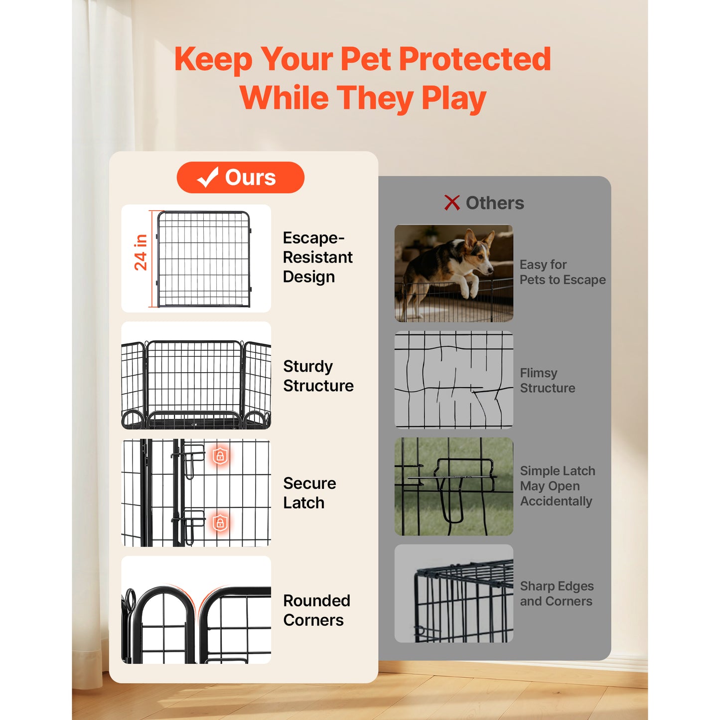 Foldable Dog Playpen 24 Inch with Door & Bottom Pad - Heavy Duty Metal Exercise Fence for Small Pets