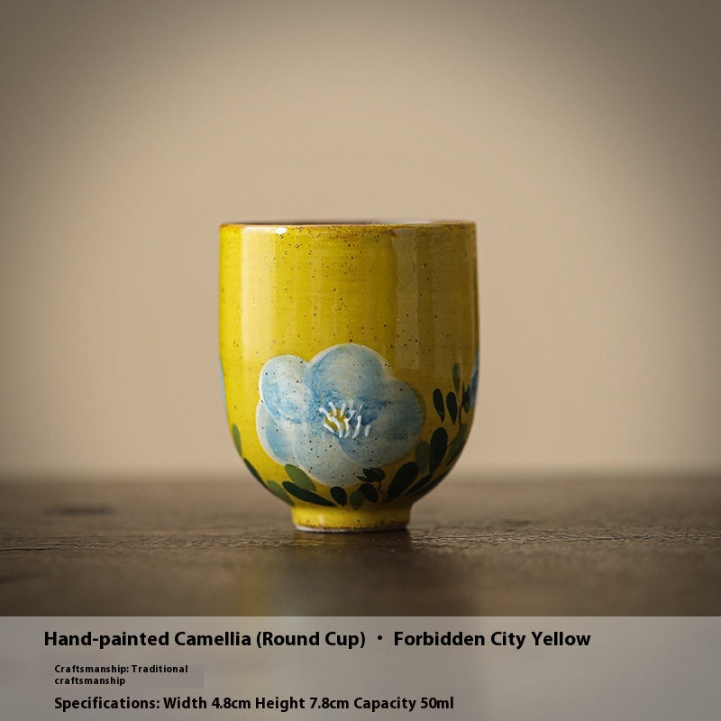 Hand Drawn Camellia Ceramic Cup and Coaster Set - 50ml Retro Kitchen Drinkware