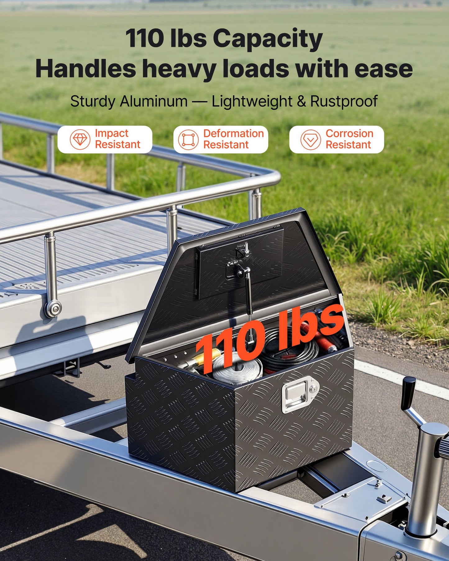 Aluminum Trailer Tongue Box with Lock 26x13x12 inches Heavy Duty Storage Organizer